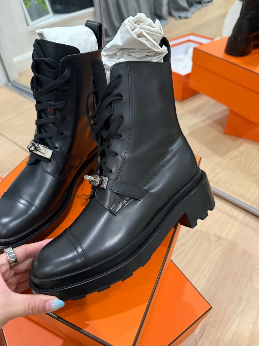 Hermes Black Leather Lace-Up Lug-Sole Ankle Boots